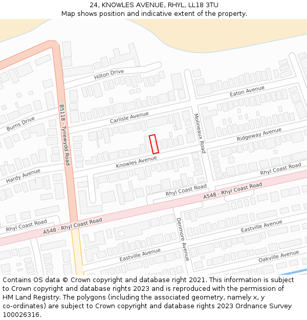 24, KNOWLES AVENUE, RHYL, LL18 3TU: Location map and indicative extent of plot