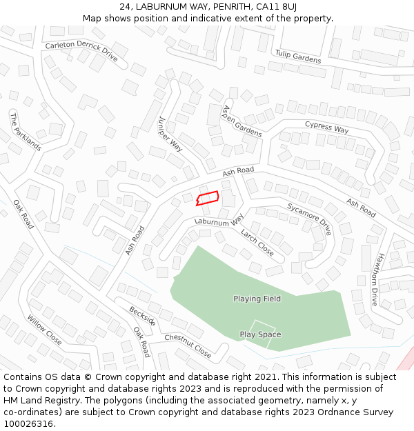 24, LABURNUM WAY, PENRITH, CA11 8UJ: Location map and indicative extent of plot