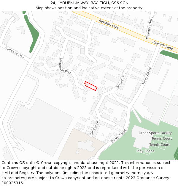 24, LABURNUM WAY, RAYLEIGH, SS6 9GN: Location map and indicative extent of plot