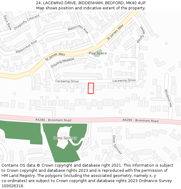 24, LACEWING DRIVE, BIDDENHAM, BEDFORD, MK40 4UP: Location map and indicative extent of plot