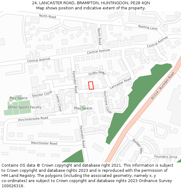 24, LANCASTER ROAD, BRAMPTON, HUNTINGDON, PE28 4QN: Location map and indicative extent of plot