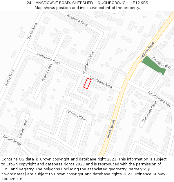 24, LANSDOWNE ROAD, SHEPSHED, LOUGHBOROUGH, LE12 9RS: Location map and indicative extent of plot