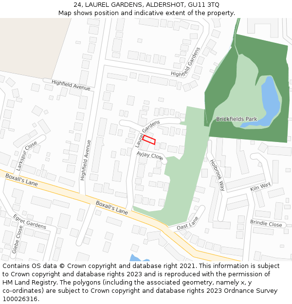 24, LAUREL GARDENS, ALDERSHOT, GU11 3TQ: Location map and indicative extent of plot