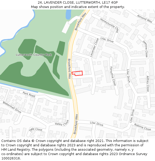 24, LAVENDER CLOSE, LUTTERWORTH, LE17 4GP: Location map and indicative extent of plot