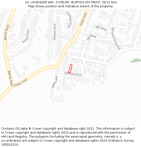 24, LAVENDER WAY, TUTBURY, BURTON-ON-TRENT, DE13 9LN: Location map and indicative extent of plot