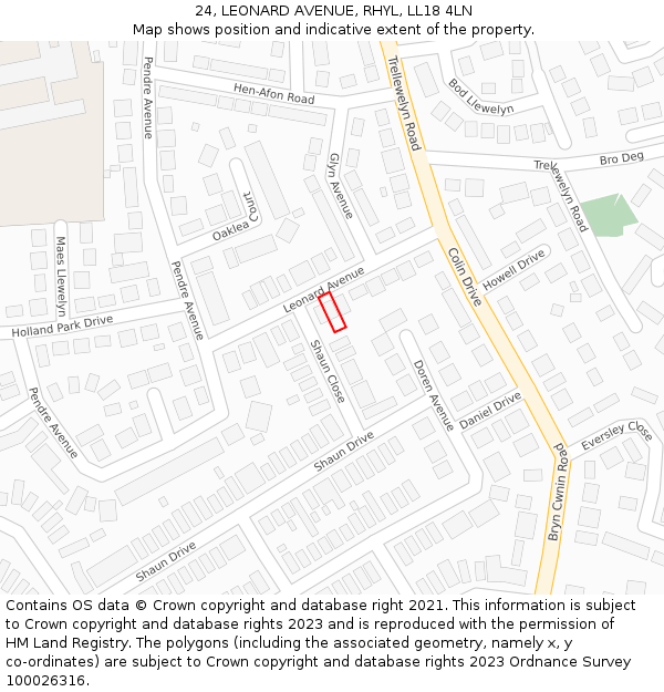 24, LEONARD AVENUE, RHYL, LL18 4LN: Location map and indicative extent of plot