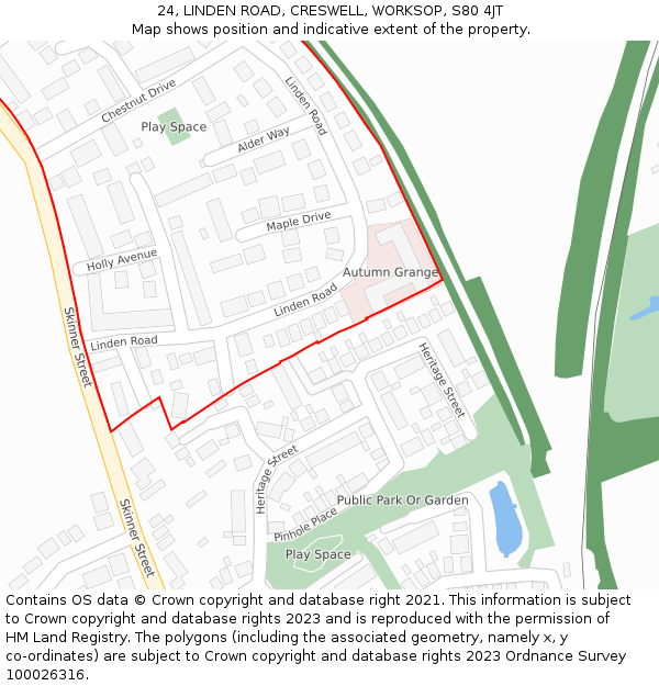 24, LINDEN ROAD, CRESWELL, WORKSOP, S80 4JT: Location map and indicative extent of plot