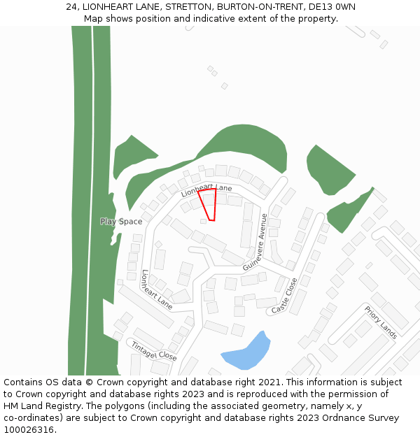 24, LIONHEART LANE, STRETTON, BURTON-ON-TRENT, DE13 0WN: Location map and indicative extent of plot