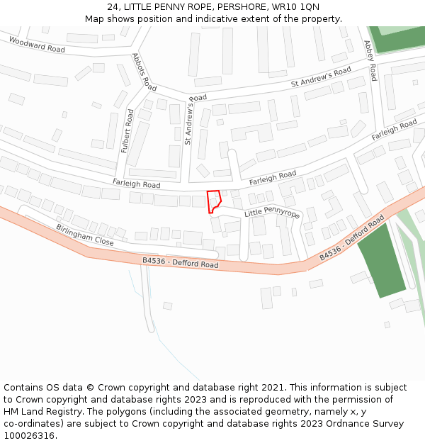 24, LITTLE PENNY ROPE, PERSHORE, WR10 1QN: Location map and indicative extent of plot
