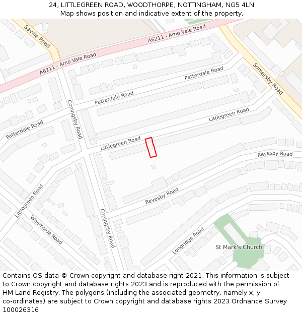 24, LITTLEGREEN ROAD, WOODTHORPE, NOTTINGHAM, NG5 4LN: Location map and indicative extent of plot