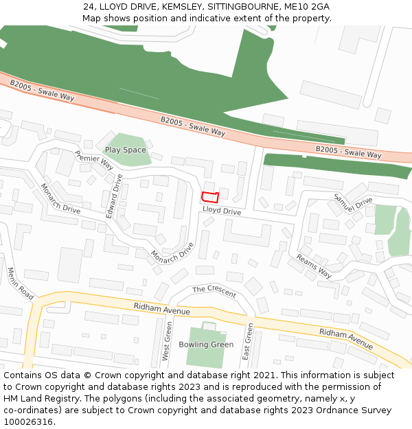 24, LLOYD DRIVE, KEMSLEY, SITTINGBOURNE, ME10 2GA: Location map and indicative extent of plot