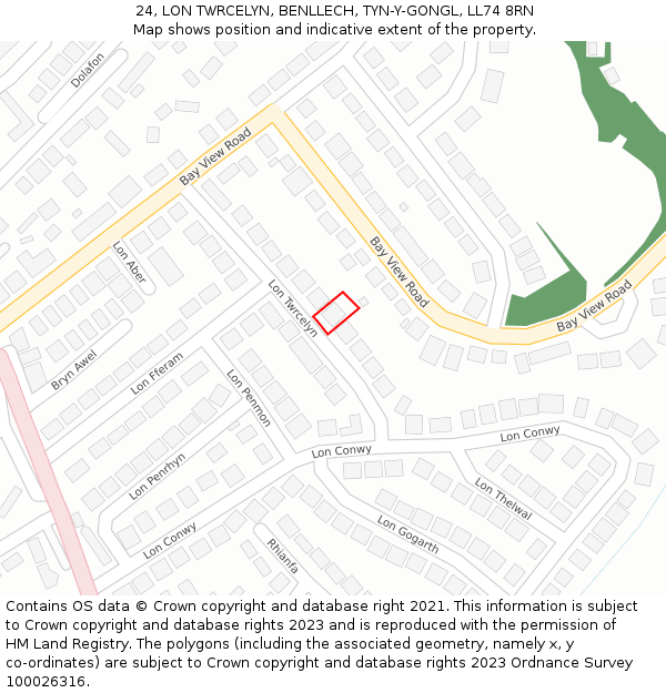 24, LON TWRCELYN, BENLLECH, TYN-Y-GONGL, LL74 8RN: Location map and indicative extent of plot