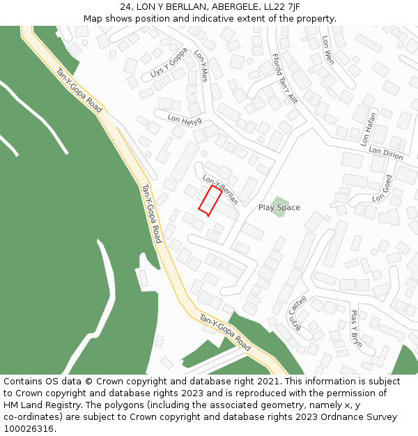 24, LON Y BERLLAN, ABERGELE, LL22 7JF: Location map and indicative extent of plot