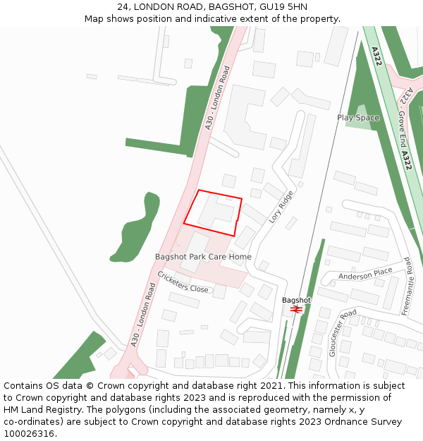 24, LONDON ROAD, BAGSHOT, GU19 5HN: Location map and indicative extent of plot