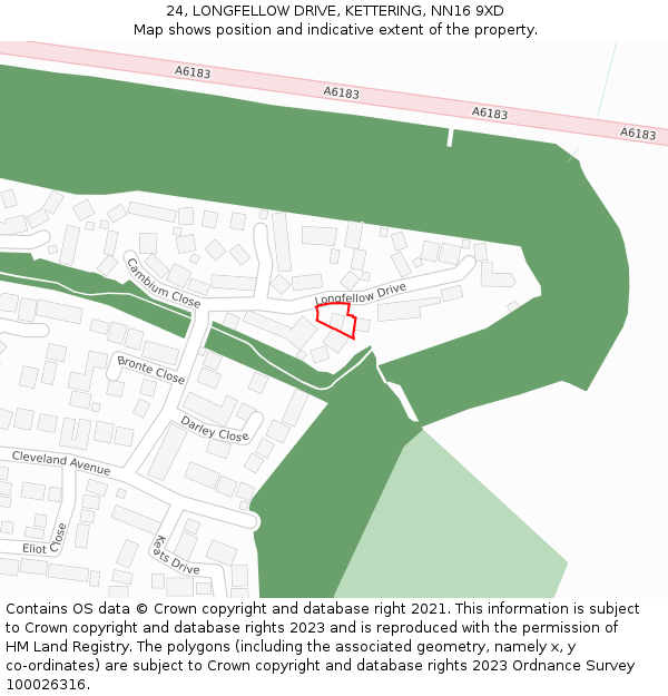 24, LONGFELLOW DRIVE, KETTERING, NN16 9XD: Location map and indicative extent of plot