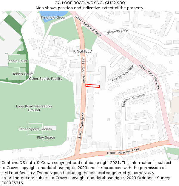 24, LOOP ROAD, WOKING, GU22 9BQ: Location map and indicative extent of plot