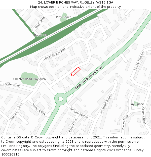 24, LOWER BIRCHES WAY, RUGELEY, WS15 1GA: Location map and indicative extent of plot