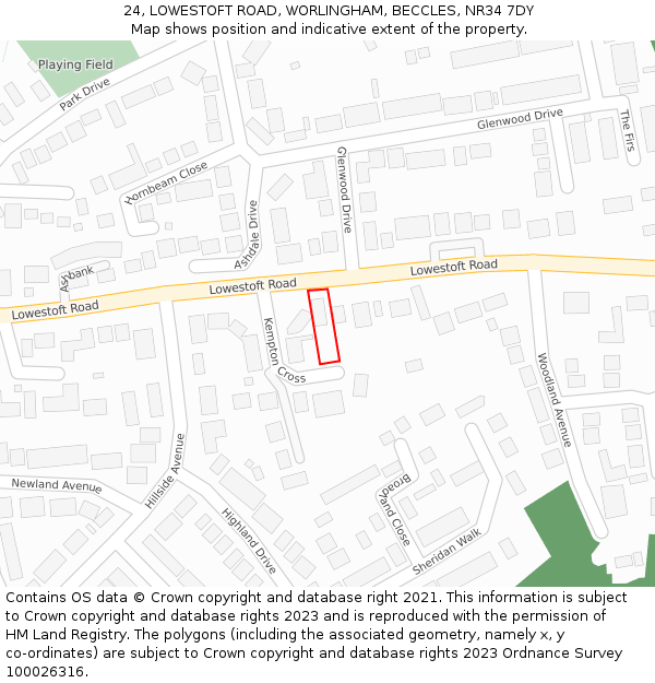 24, LOWESTOFT ROAD, WORLINGHAM, BECCLES, NR34 7DY: Location map and indicative extent of plot