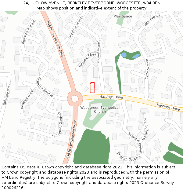 24, LUDLOW AVENUE, BERKELEY BEVERBORNE, WORCESTER, WR4 0EN: Location map and indicative extent of plot