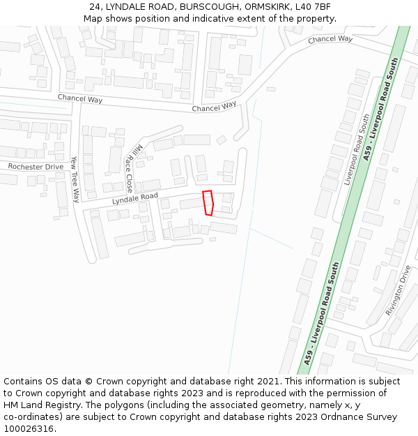 24, LYNDALE ROAD, BURSCOUGH, ORMSKIRK, L40 7BF: Location map and indicative extent of plot