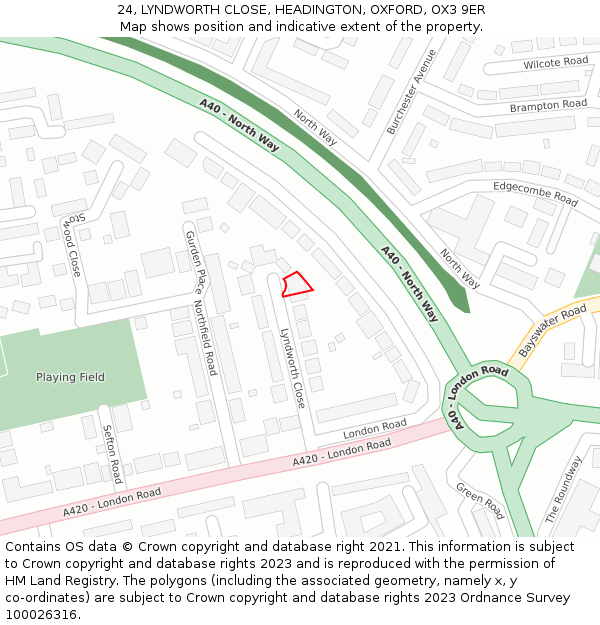 24, LYNDWORTH CLOSE, HEADINGTON, OXFORD, OX3 9ER: Location map and indicative extent of plot