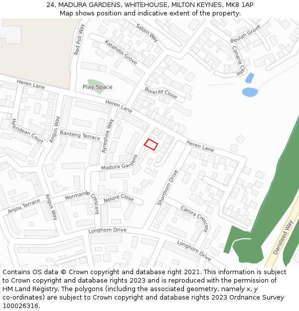 24, MADURA GARDENS, WHITEHOUSE, MILTON KEYNES, MK8 1AP: Location map and indicative extent of plot