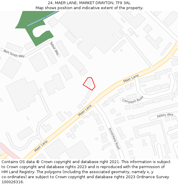 24, MAER LANE, MARKET DRAYTON, TF9 3AL: Location map and indicative extent of plot