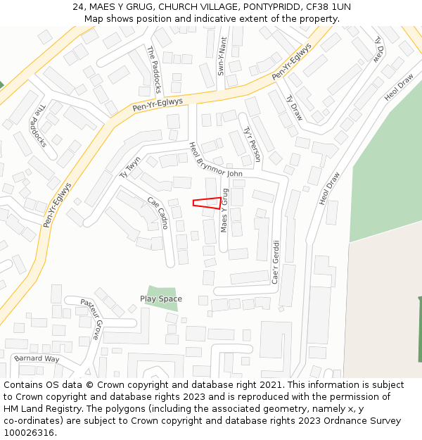 24, MAES Y GRUG, CHURCH VILLAGE, PONTYPRIDD, CF38 1UN: Location map and indicative extent of plot