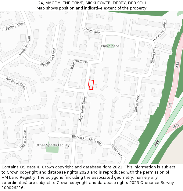 24, MAGDALENE DRIVE, MICKLEOVER, DERBY, DE3 9DH: Location map and indicative extent of plot