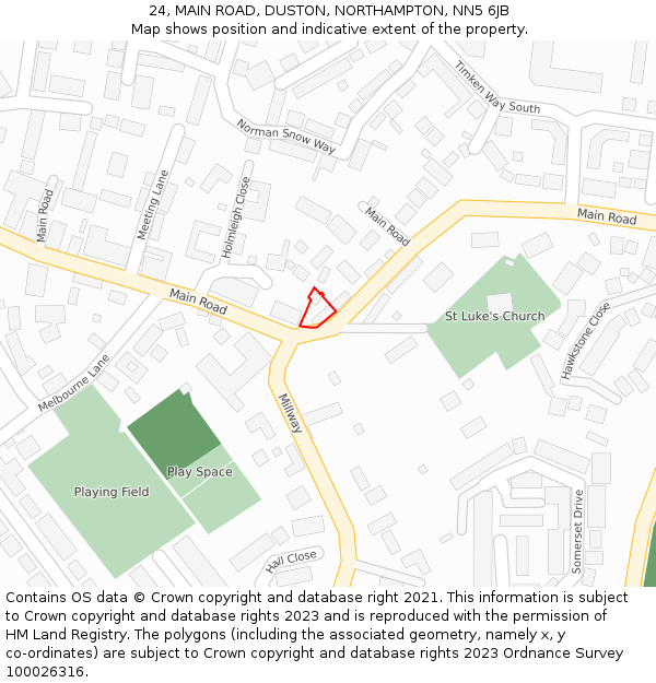 24, MAIN ROAD, DUSTON, NORTHAMPTON, NN5 6JB: Location map and indicative extent of plot