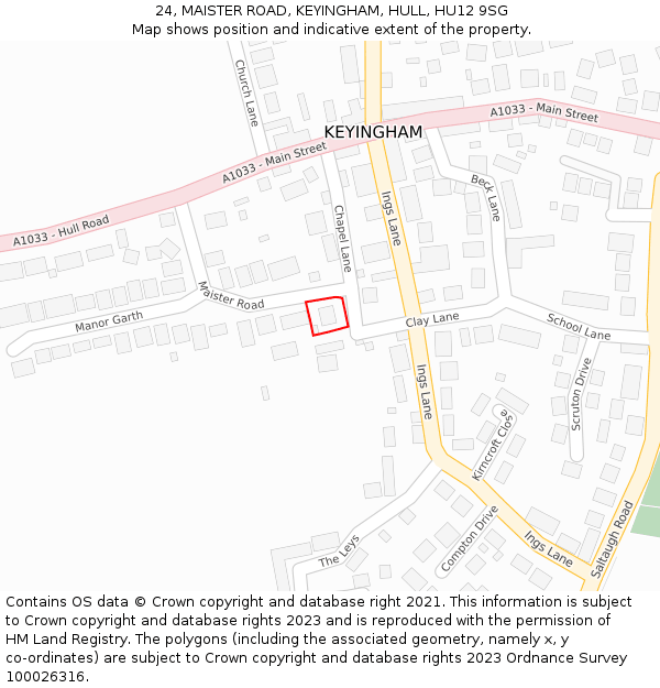 24, MAISTER ROAD, KEYINGHAM, HULL, HU12 9SG: Location map and indicative extent of plot