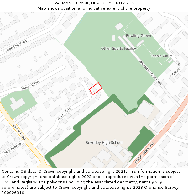 24, MANOR PARK, BEVERLEY, HU17 7BS: Location map and indicative extent of plot