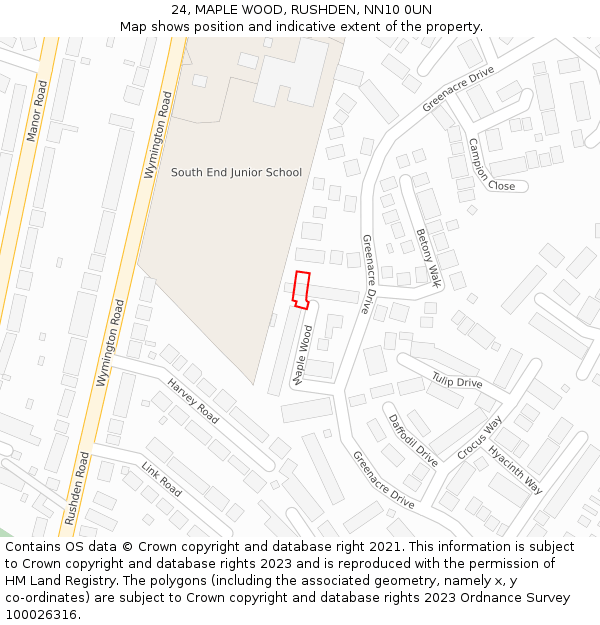 24, MAPLE WOOD, RUSHDEN, NN10 0UN: Location map and indicative extent of plot