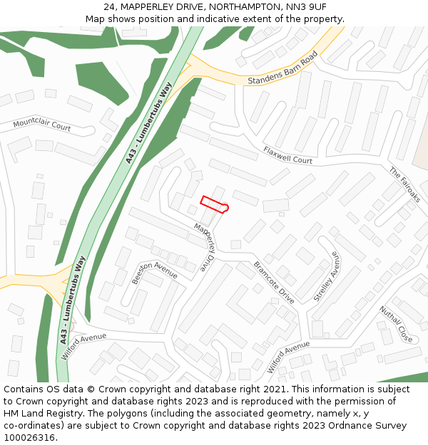 24, MAPPERLEY DRIVE, NORTHAMPTON, NN3 9UF: Location map and indicative extent of plot