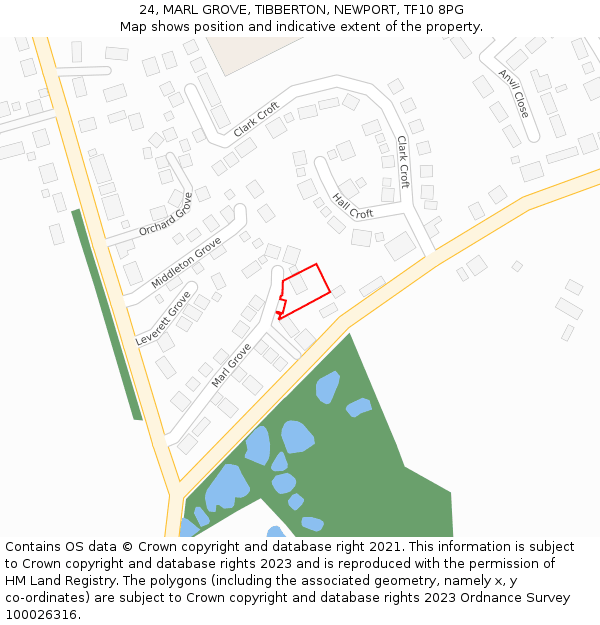 24, MARL GROVE, TIBBERTON, NEWPORT, TF10 8PG: Location map and indicative extent of plot
