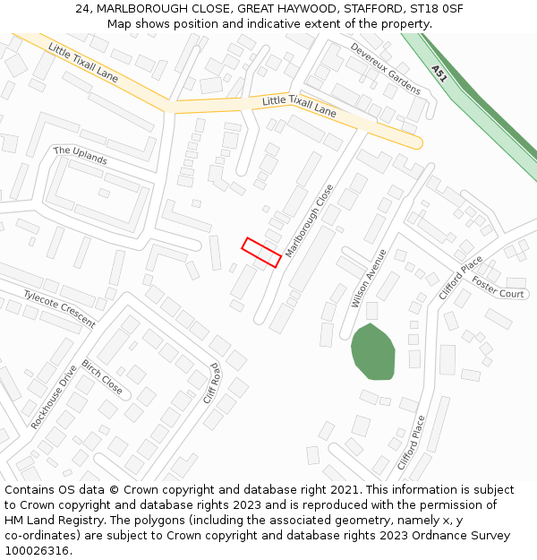 24, MARLBOROUGH CLOSE, GREAT HAYWOOD, STAFFORD, ST18 0SF: Location map and indicative extent of plot