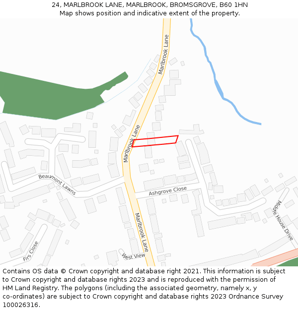 24, MARLBROOK LANE, MARLBROOK, BROMSGROVE, B60 1HN: Location map and indicative extent of plot