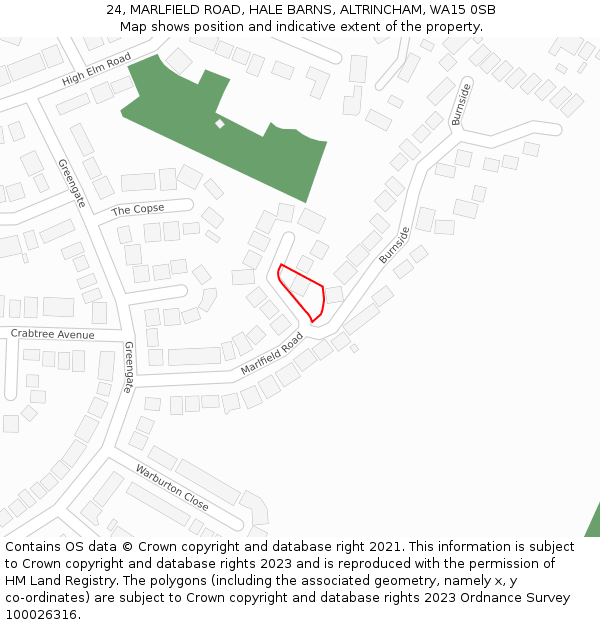 24, MARLFIELD ROAD, HALE BARNS, ALTRINCHAM, WA15 0SB: Location map and indicative extent of plot