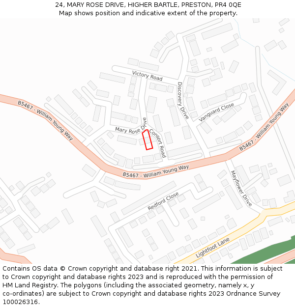 24, MARY ROSE DRIVE, HIGHER BARTLE, PRESTON, PR4 0QE: Location map and indicative extent of plot