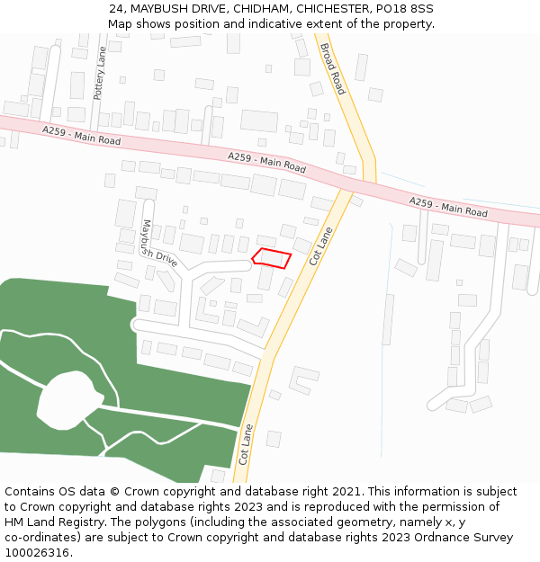 24, MAYBUSH DRIVE, CHIDHAM, CHICHESTER, PO18 8SS: Location map and indicative extent of plot