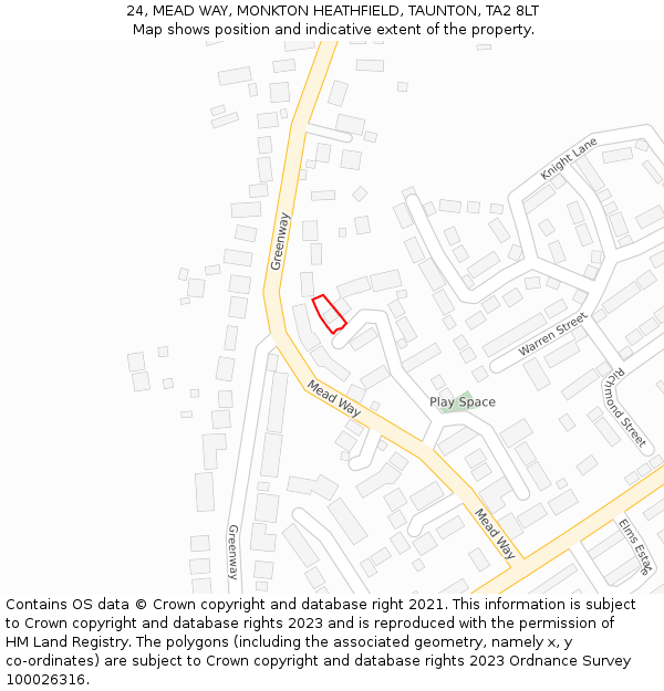 24, MEAD WAY, MONKTON HEATHFIELD, TAUNTON, TA2 8LT: Location map and indicative extent of plot