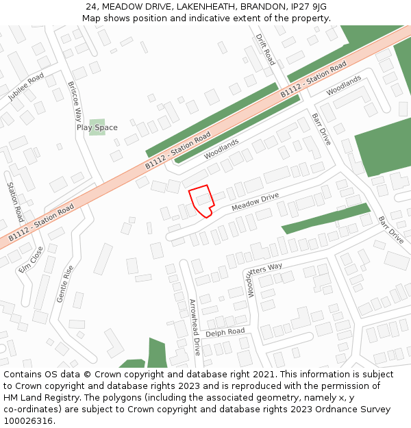 24, MEADOW DRIVE, LAKENHEATH, BRANDON, IP27 9JG: Location map and indicative extent of plot