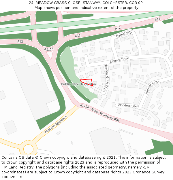 24, MEADOW GRASS CLOSE, STANWAY, COLCHESTER, CO3 0PL: Location map and indicative extent of plot