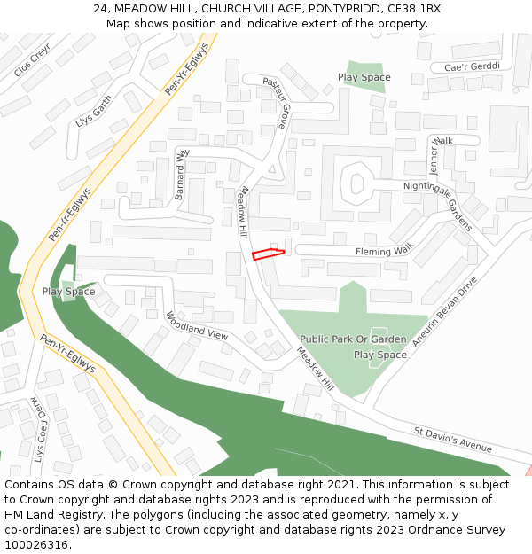 24, MEADOW HILL, CHURCH VILLAGE, PONTYPRIDD, CF38 1RX: Location map and indicative extent of plot