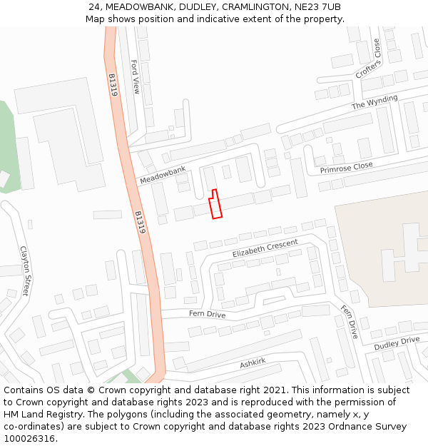 24, MEADOWBANK, DUDLEY, CRAMLINGTON, NE23 7UB: Location map and indicative extent of plot