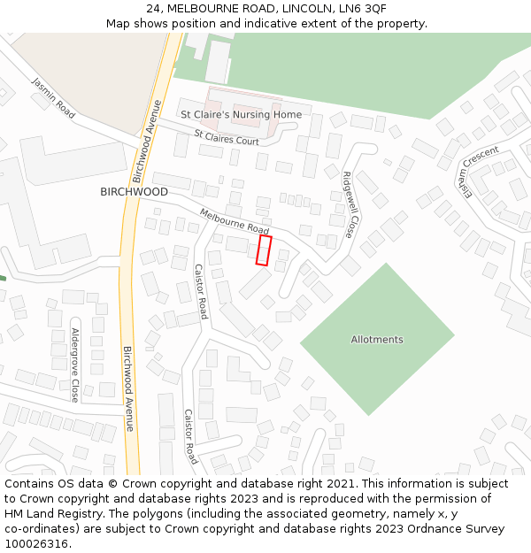 24, MELBOURNE ROAD, LINCOLN, LN6 3QF: Location map and indicative extent of plot