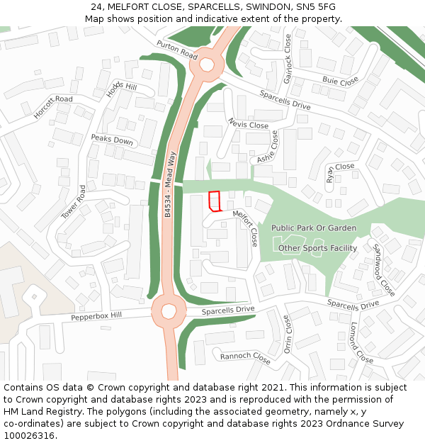 24, MELFORT CLOSE, SPARCELLS, SWINDON, SN5 5FG: Location map and indicative extent of plot