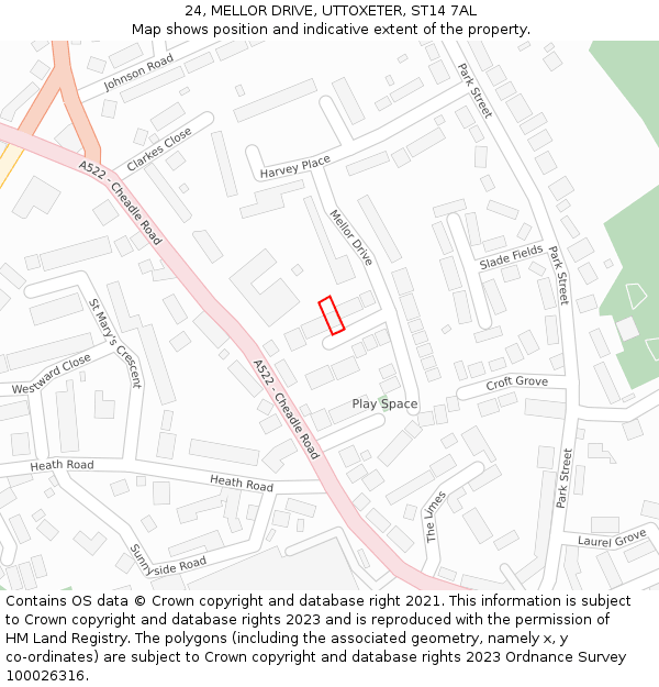 24, MELLOR DRIVE, UTTOXETER, ST14 7AL: Location map and indicative extent of plot