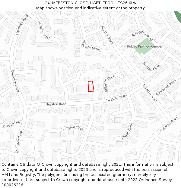 24, MERESTON CLOSE, HARTLEPOOL, TS26 0LW: Location map and indicative extent of plot