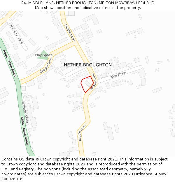 24, MIDDLE LANE, NETHER BROUGHTON, MELTON MOWBRAY, LE14 3HD: Location map and indicative extent of plot